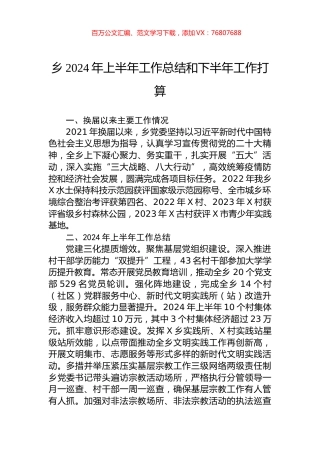 乡2024年上半年工作总结和下半年工作打算.docx
