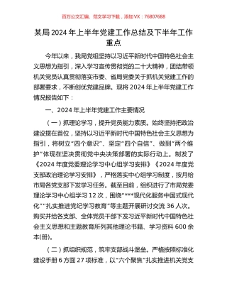 某局2024年上半年党建工作总结及下半年工作重点.docx
