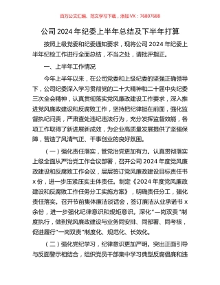 公司2024年纪委上半年总结及下半年打算.docx
