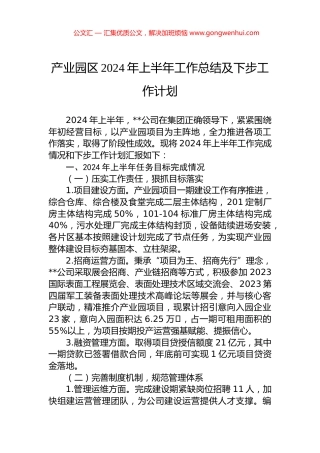 产业园区2024年上半年工作总结及下步工作计划.docx