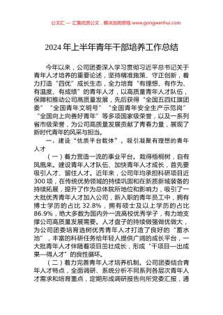 2024年上半年青年干部培养工作总结.docx