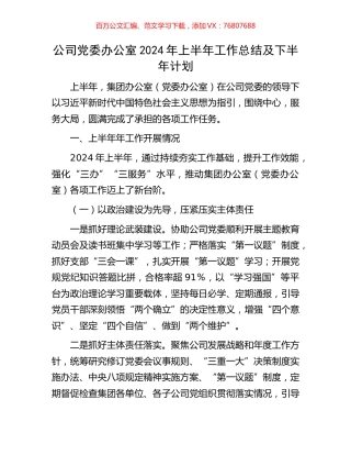 公司党委办公室2024年上半年工作总结及下半年计划.docx
