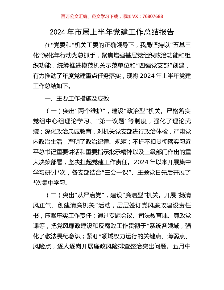 2024年市局上半年党建工作总结报告.docx_第1页