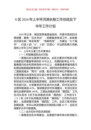 X区2024年上半年河湖长制工作总结及下半年工作计划.docx