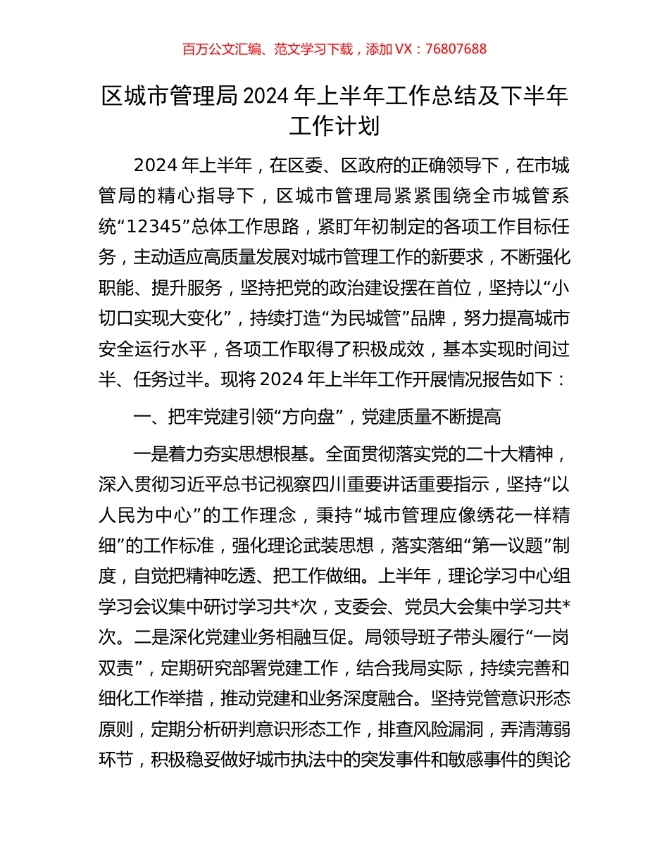 区城市管理局2024年上半年工作总结及下半年工作计划.docx_第1页