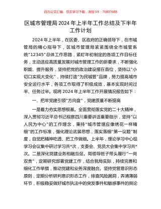 区城市管理局2024年上半年工作总结及下半年工作计划.docx