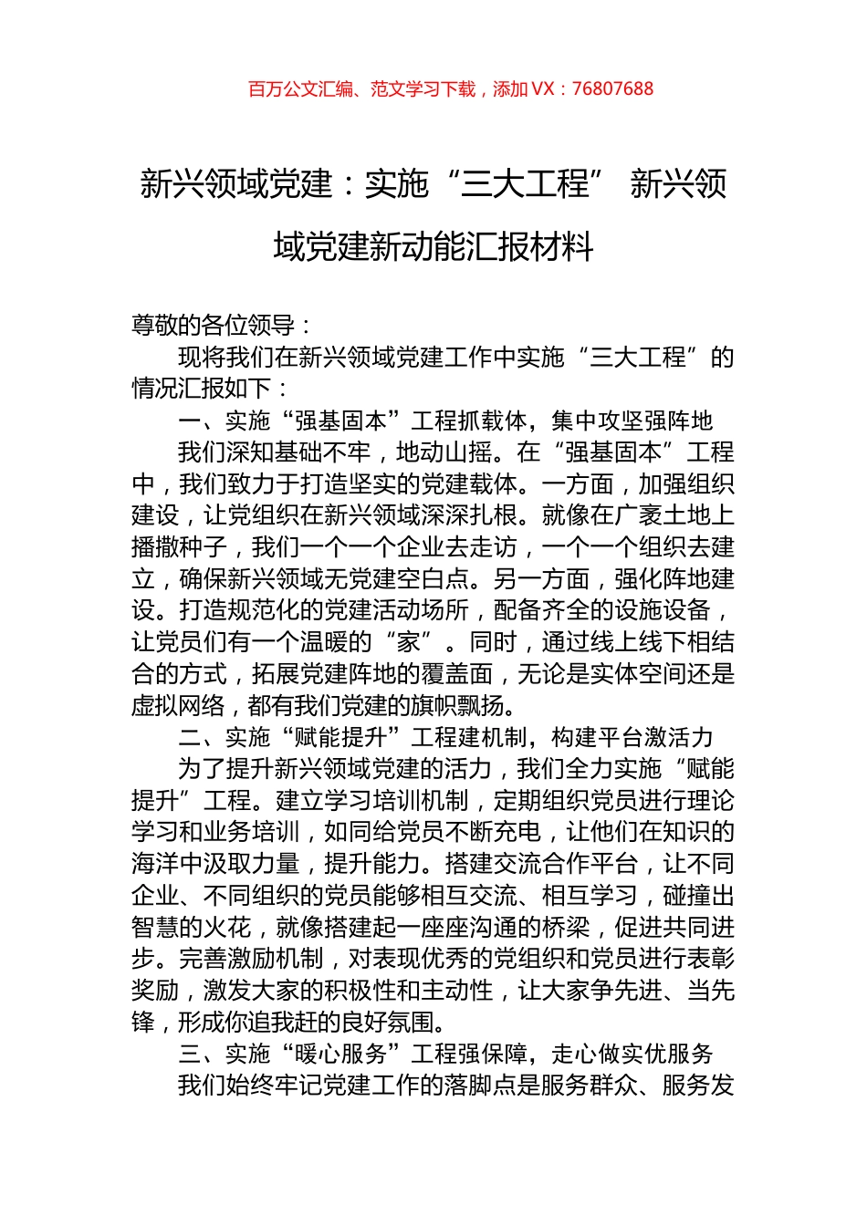 新兴领域党建：实施“三大工程”+新兴领域党建新动能汇报材料.docx_第1页