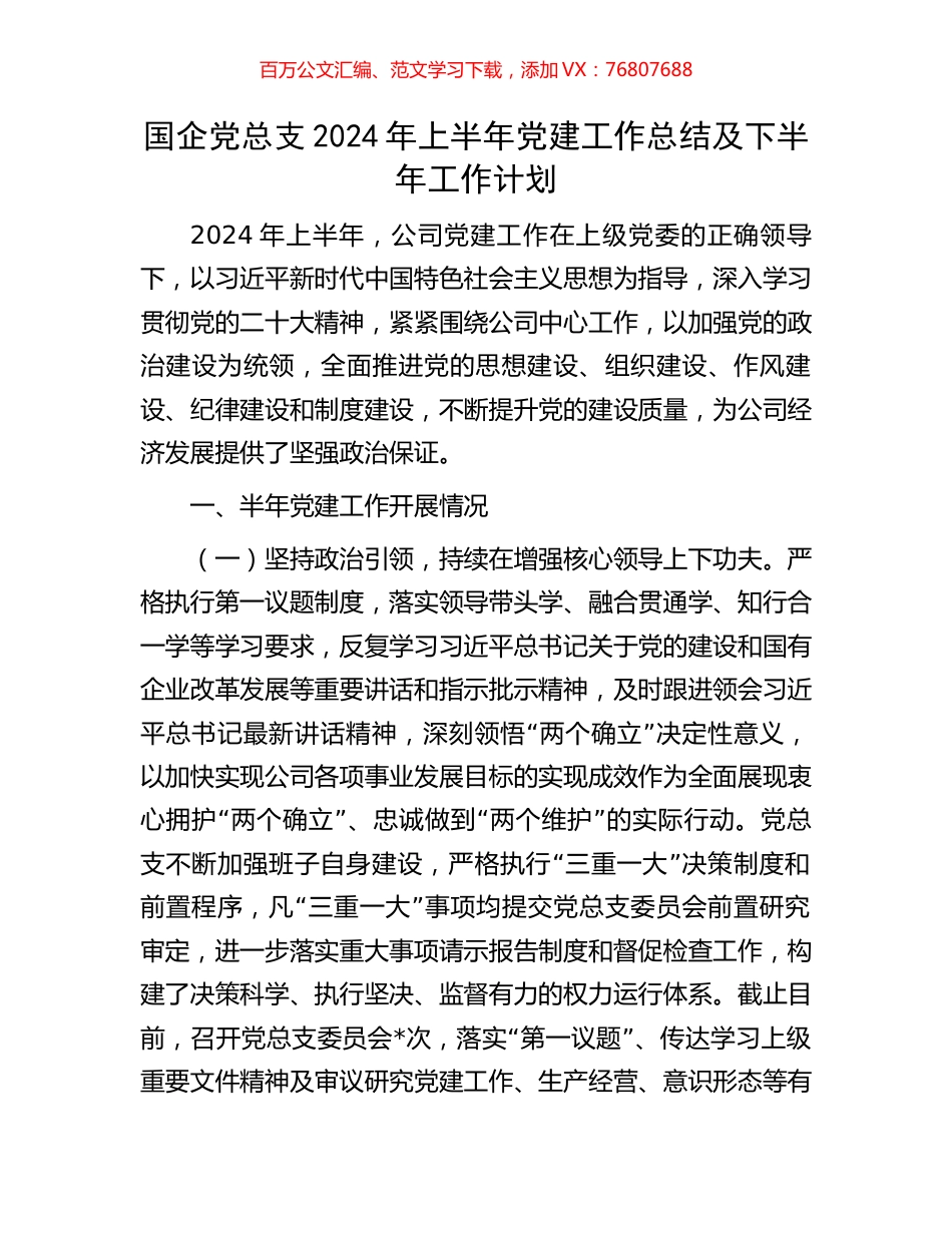 国企党总支2024年上半年党建工作总结及下半年工作计划.docx_第1页