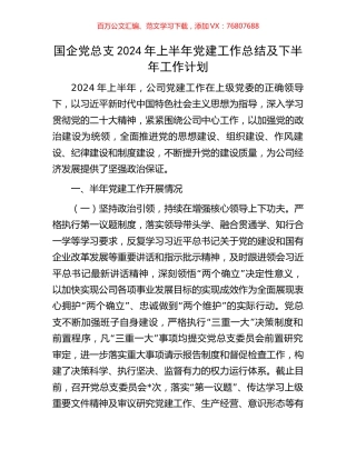 国企党总支2024年上半年党建工作总结及下半年工作计划.docx