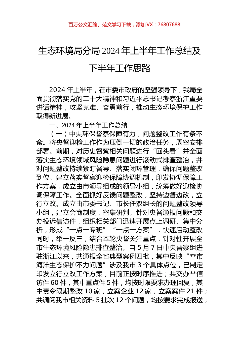 生态环境局分局2024年上半年工作总结及下半年工作思路.docx_第1页