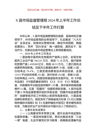 X县市场监督管理局2024年上半年工作总结及下半年工作打算.docx