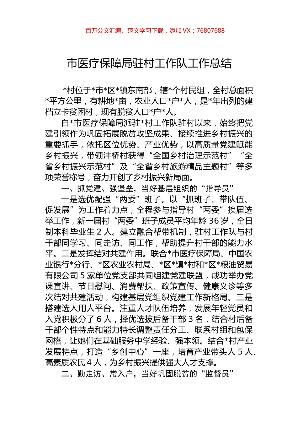 市医疗保障局驻村工作队工作总结.docx_第1页