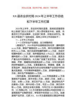 XX县农业农村局2024年上半年工作总结和下半年工作打算.docx