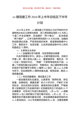 xx镇党建工作2024年上半年总结及下半年计划.docx