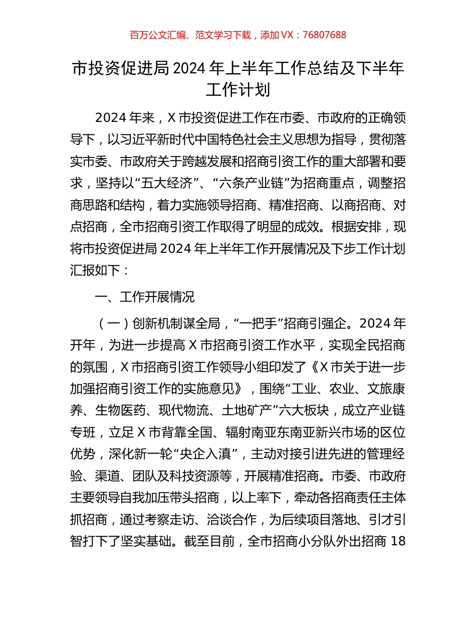 市投资促进局2024年上半年工作总结及下半年工作计划.docx_第1页