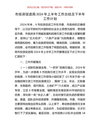 市投资促进局2024年上半年工作总结及下半年工作计划.docx