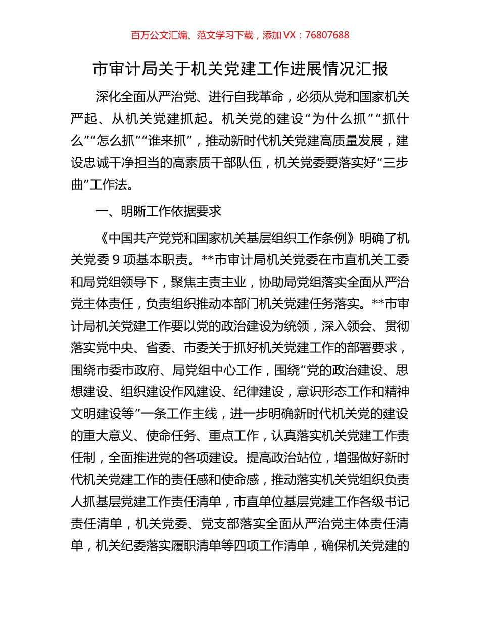 市审计局关于机关党建工作进展情况汇报.docx_第1页