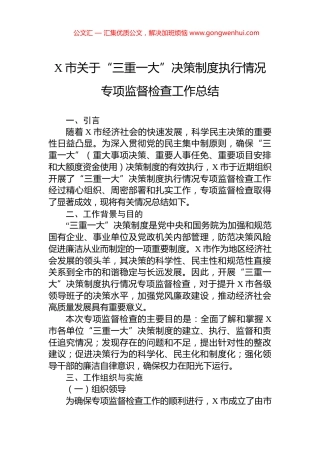 X市关于“三重一大”决策制度执行情况专项监督检查工作总结.docx