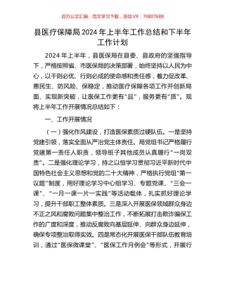 县医疗保障局2024年上半年工作总结和下半年工作计划.docx