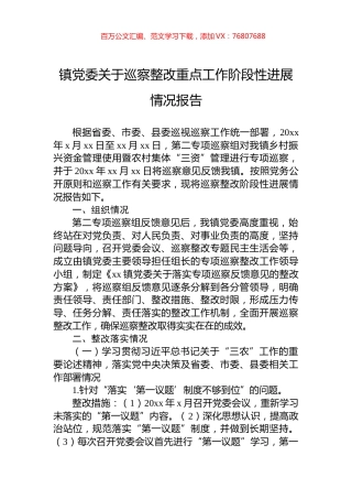 镇党委关于巡察整改重点工作阶段性进展情况报告.docx
