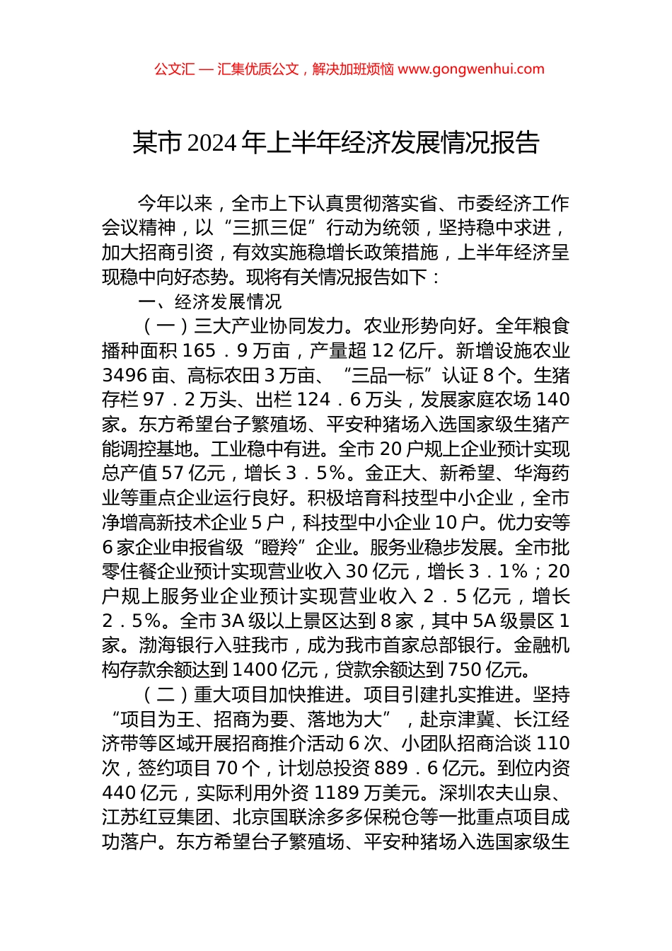 某市2024年上半年经济发展情况报告.docx_第1页