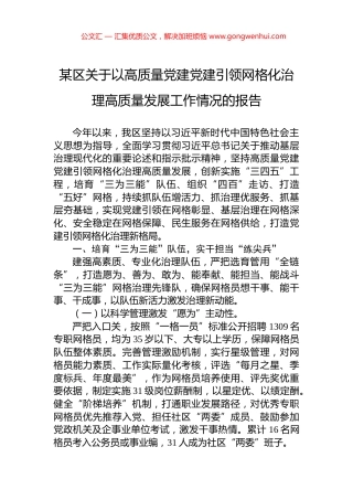 某区关于以高质量党建党建引领网格化治理高质量发展工作情况的报告.docx