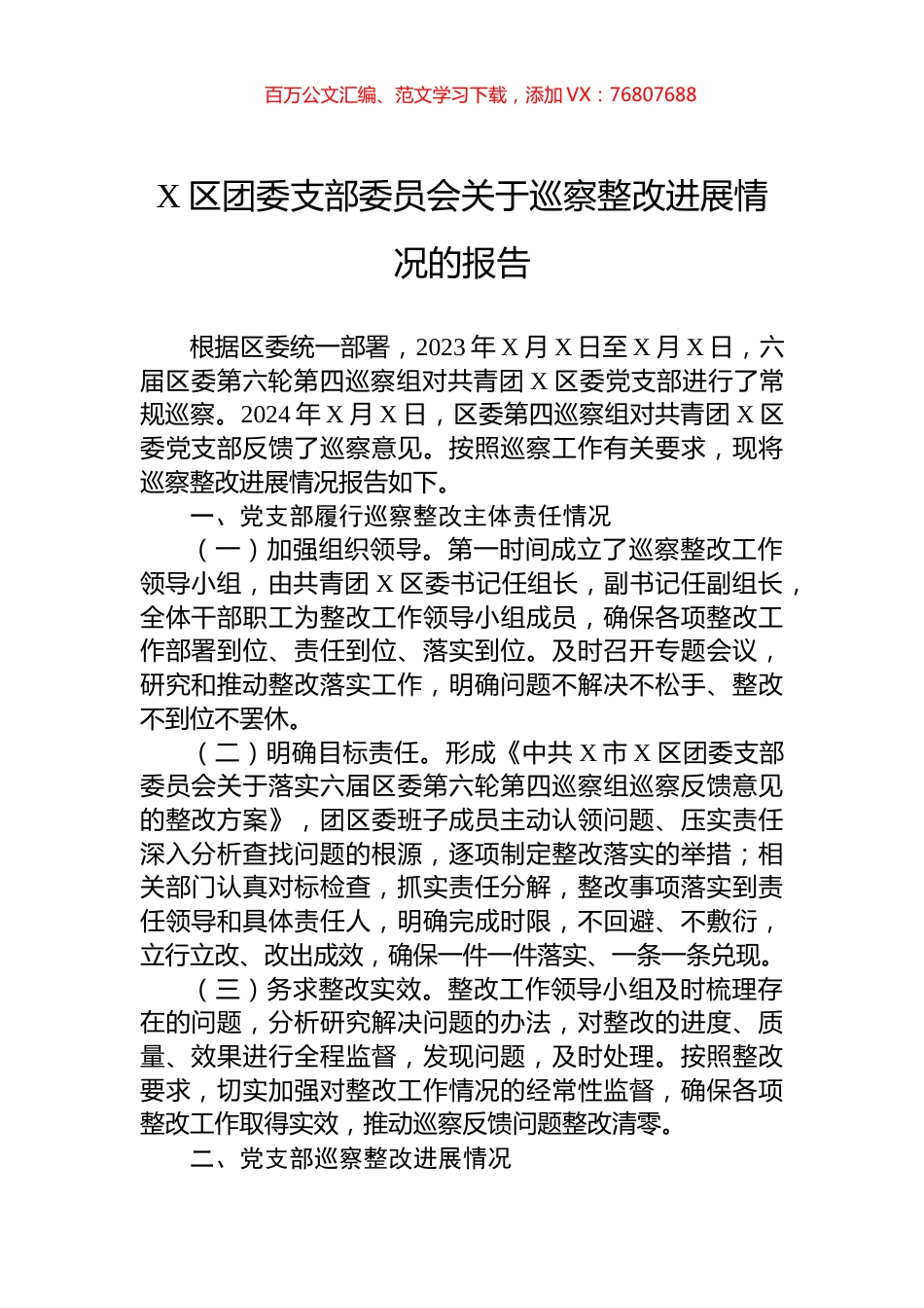 X区团委支部委员会关于巡察整改进展情况的报告.docx_第1页