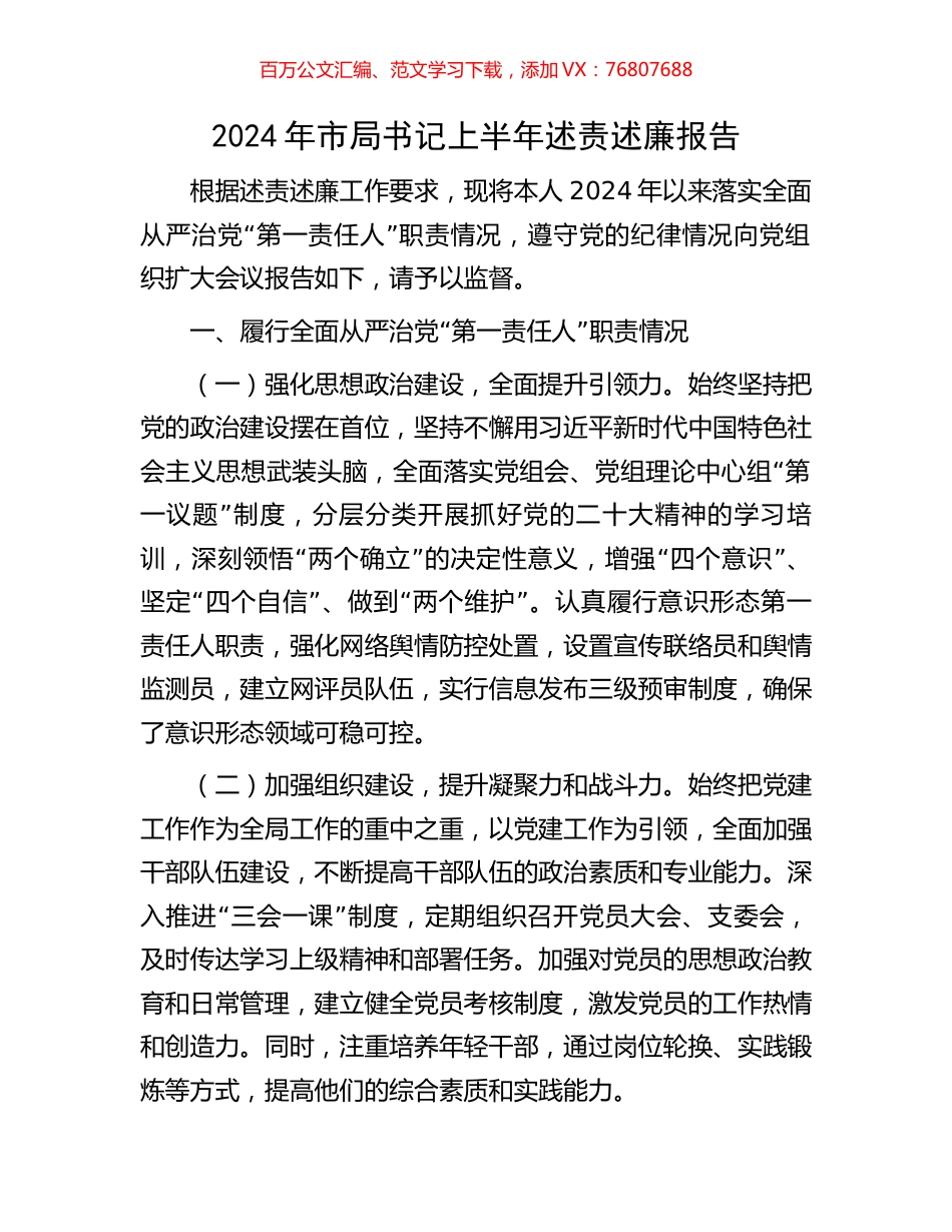 2024年市局书记上半年述责述廉报告.docx_第1页