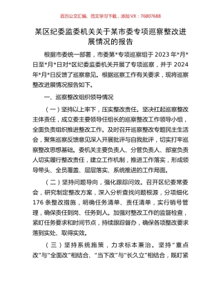 某区纪委监委机关关于某市委专项巡察整改进展情况的报告.docx
