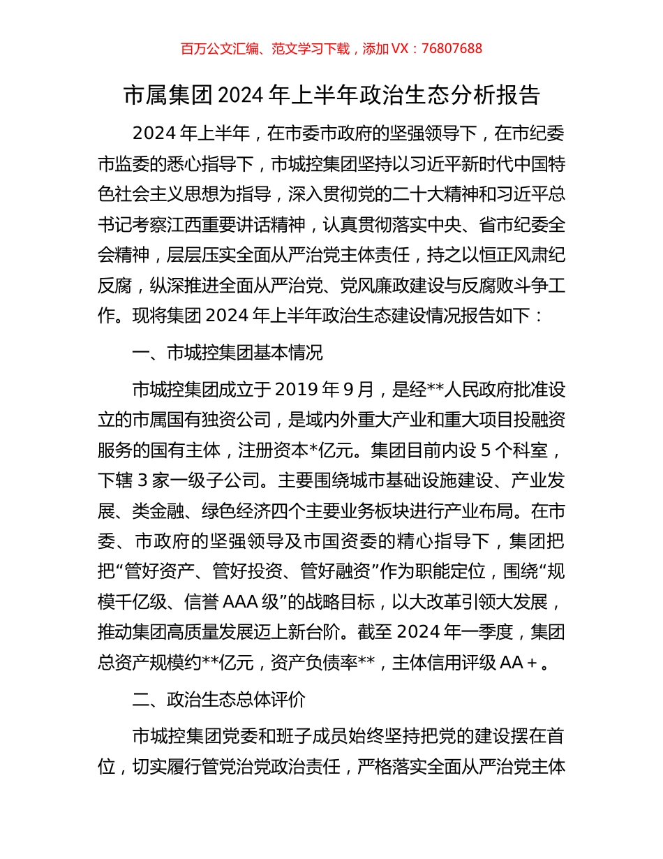 市属集团2024年上半年政治生态分析报告.docx_第1页