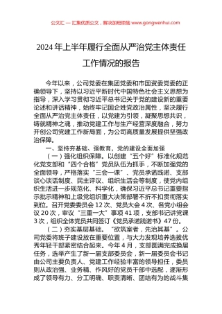 2024年上半年履行全面从严治党主体责任工作情况的报告.docx