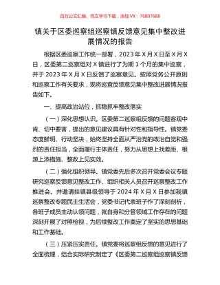 镇关于区委巡察组巡察镇反馈意见集中整改进展情况的报告.docx