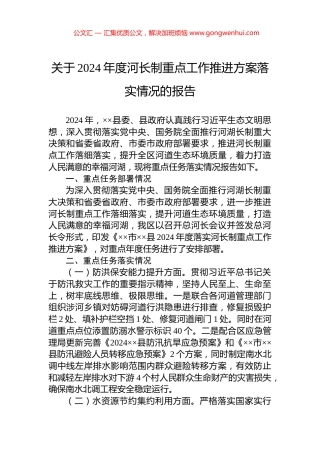 关于2024年度河长制重点工作推进方案落实情况的报告.docx