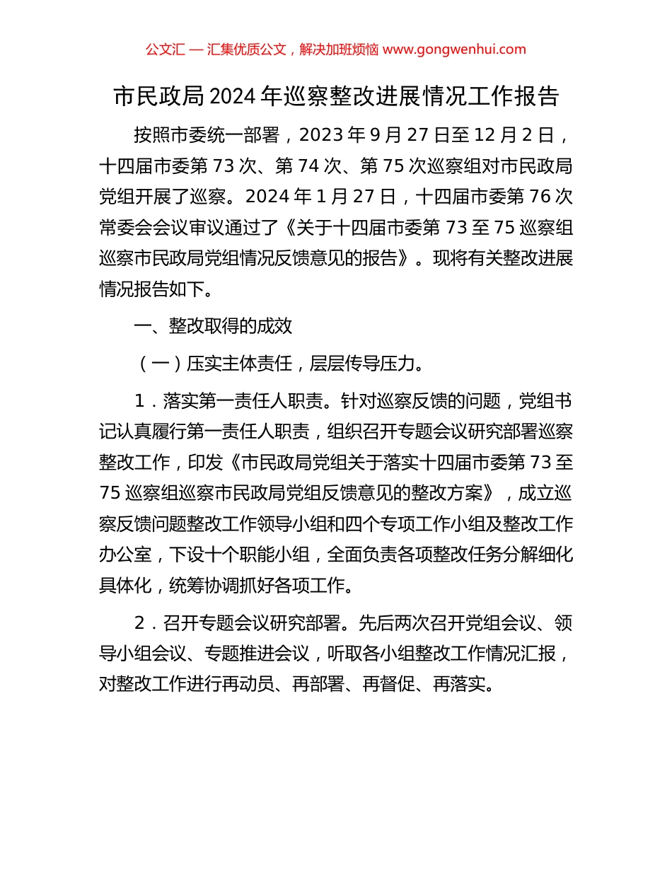 市民政局2024年巡察整改进展情况工作报告.docx_第1页