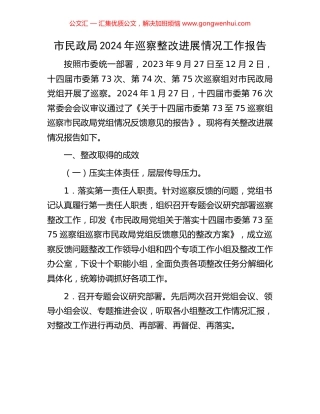 市民政局2024年巡察整改进展情况工作报告.docx