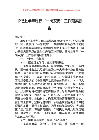 书记上半年履行“一岗双责”工作落实报告.docx