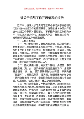 镇关于统战工作开展情况的报告.docx