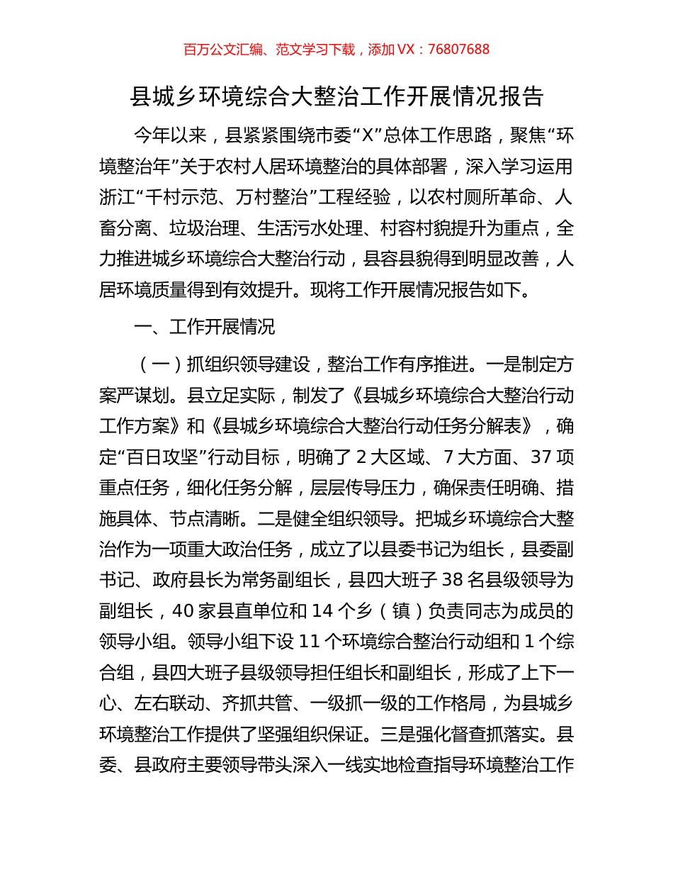 县城乡环境综合大整治工作开展情况报告.docx_第1页
