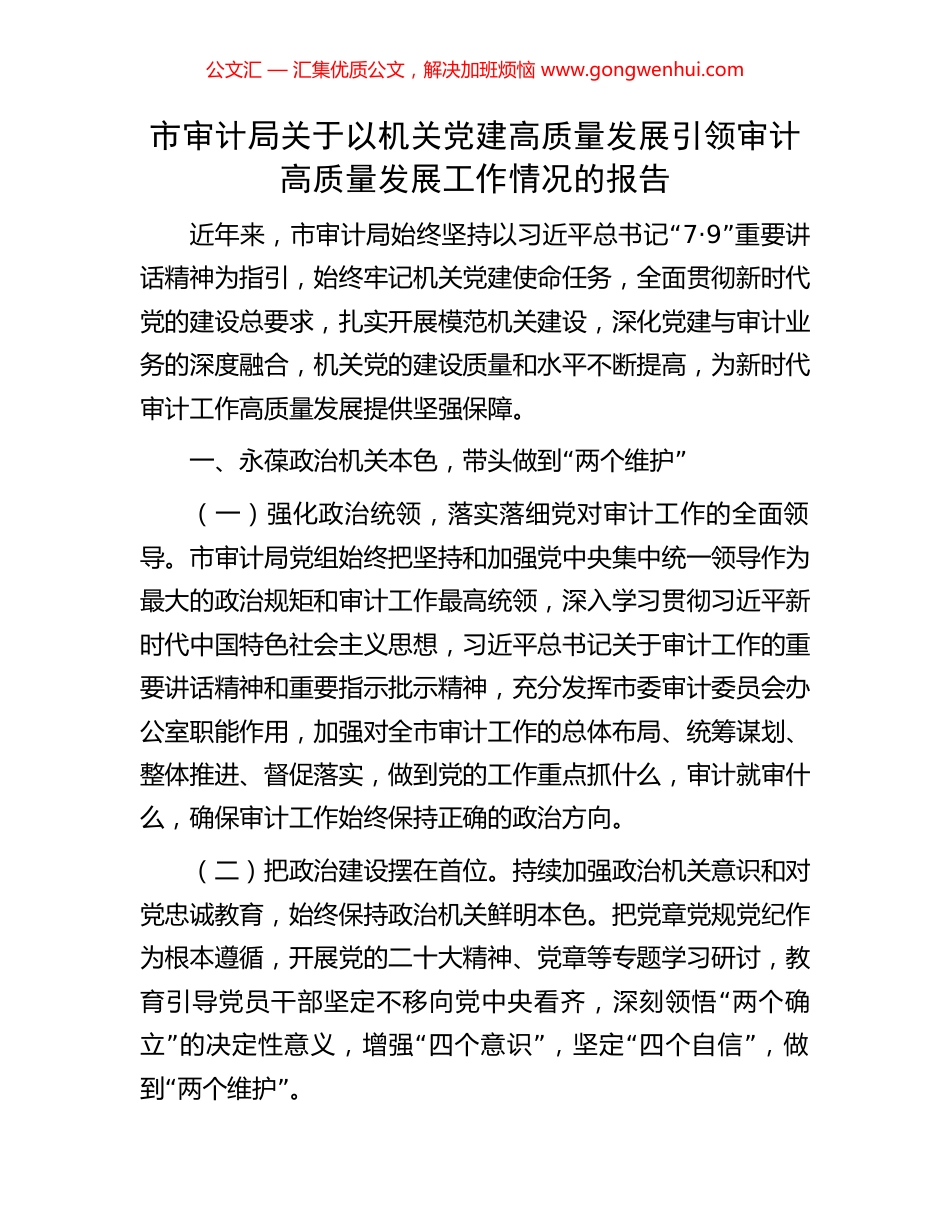 市审计局关于以机关党建高质量发展引领审计高质量发展工作情况的报告.docx_第1页