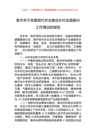 某市关于发展现代农业推动乡村全面振兴工作情况的报告.docx
