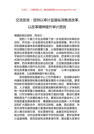 交流发言：坚持以审计监督纵深推进改革、以改革精神提升审计质效.docx