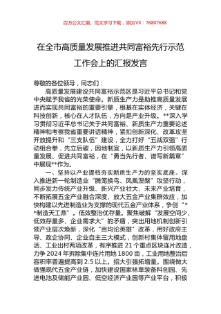 在全市高质量发展推进共同富裕先行示范工作会上的汇报发言.docx