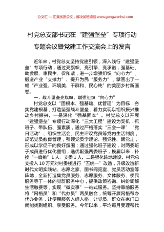 村党总支部书记在“建强堡垒”专项行动专题会议暨党建工作交流会上的发言.docx