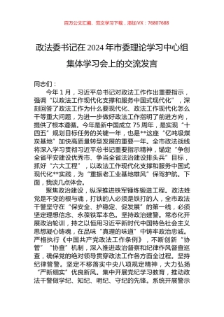 政法委书记在2024年市委理论学习中心组集体学习会上的交流发言.docx