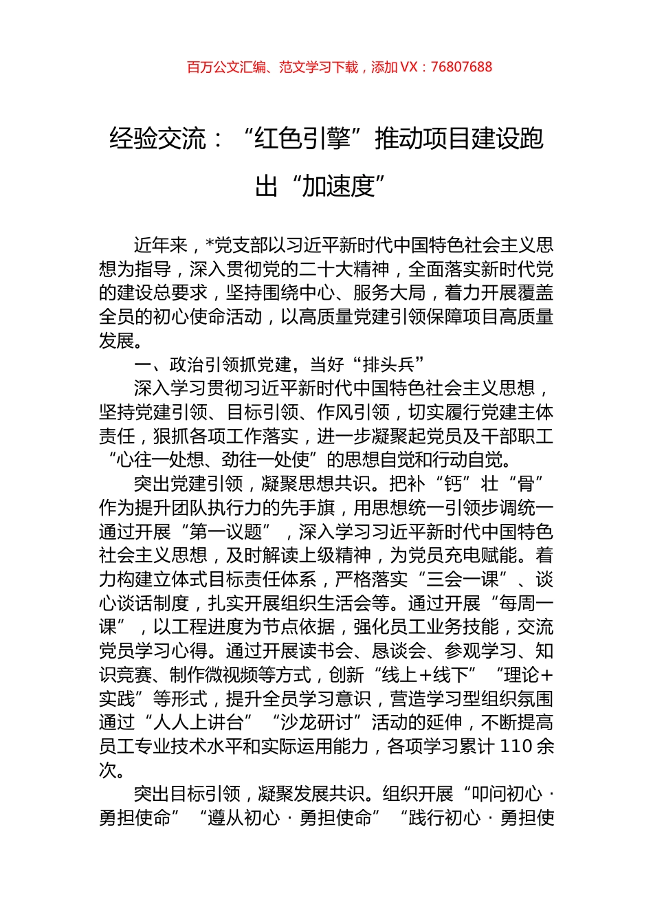 经验交流：“红色引擎”推动项目建设跑出“加速度”.docx_第1页