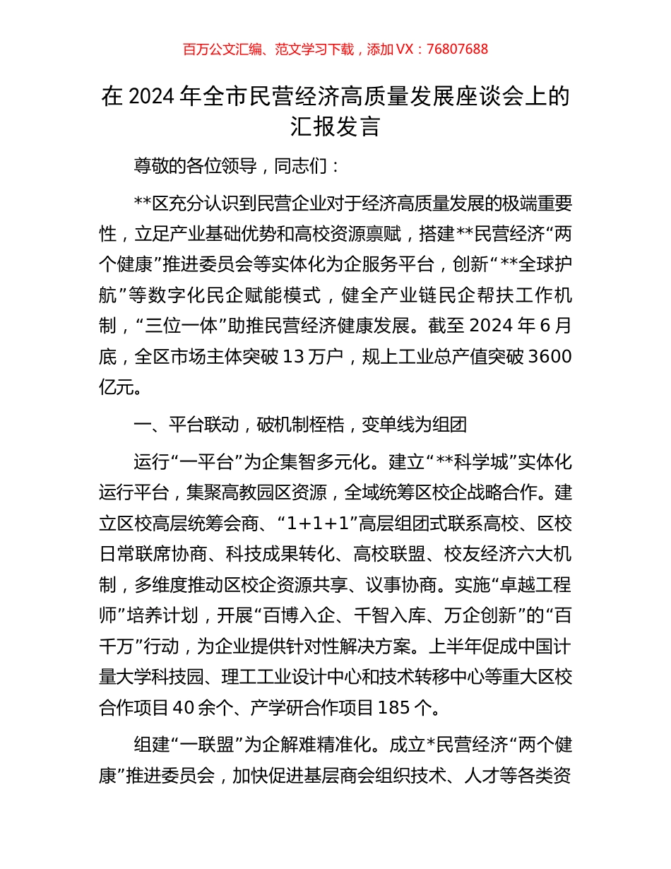 在2024年全市民营经济高质量发展座谈会上的汇报发言.docx_第1页