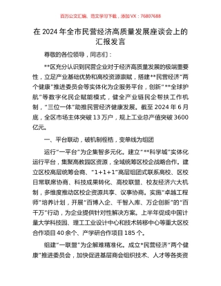 在2024年全市民营经济高质量发展座谈会上的汇报发言.docx