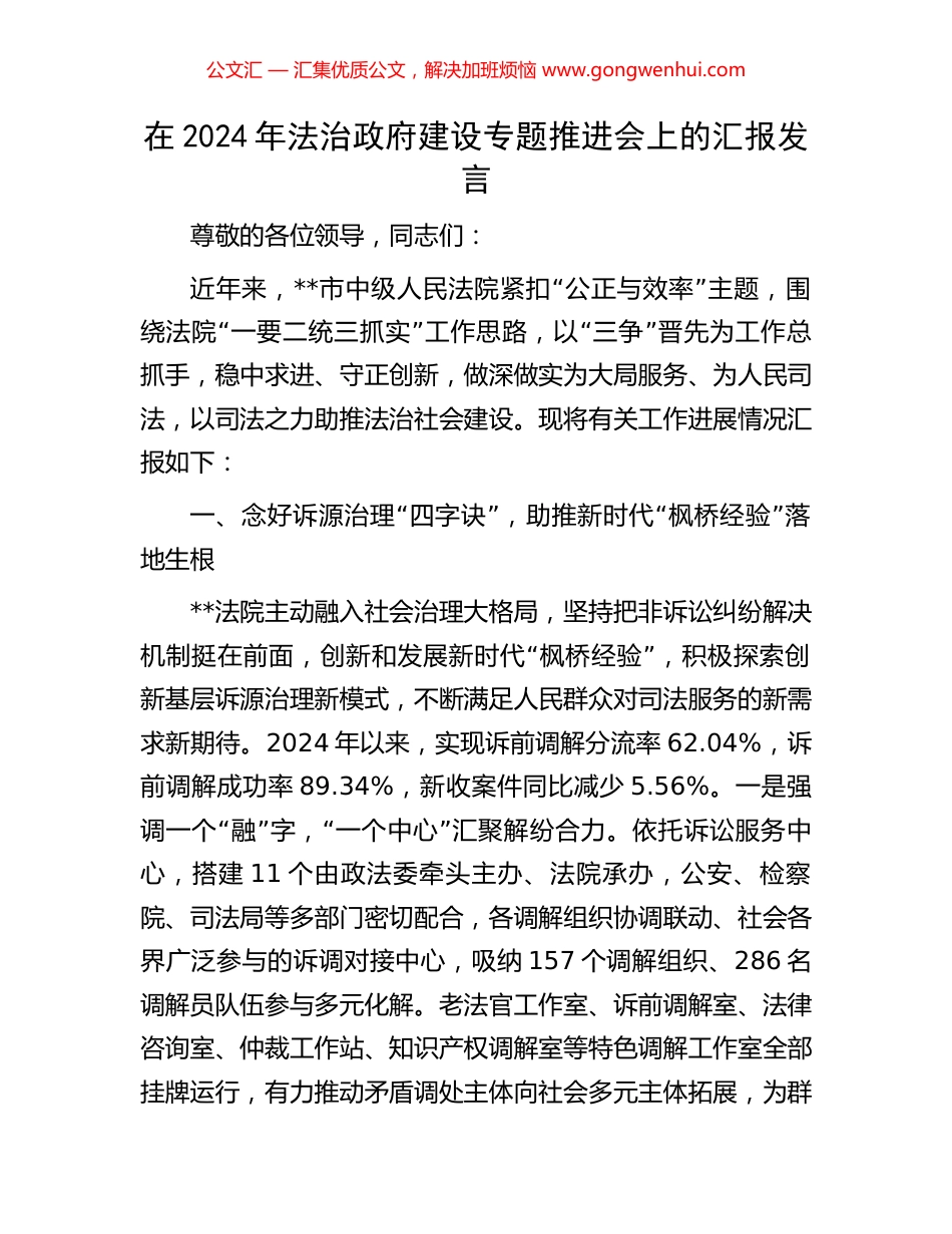 在2024年法治政府建设专题推进会上的汇报发言 (2).docx_第1页
