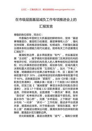 在市级层面基层减负工作专项推进会上的汇报发言.docx