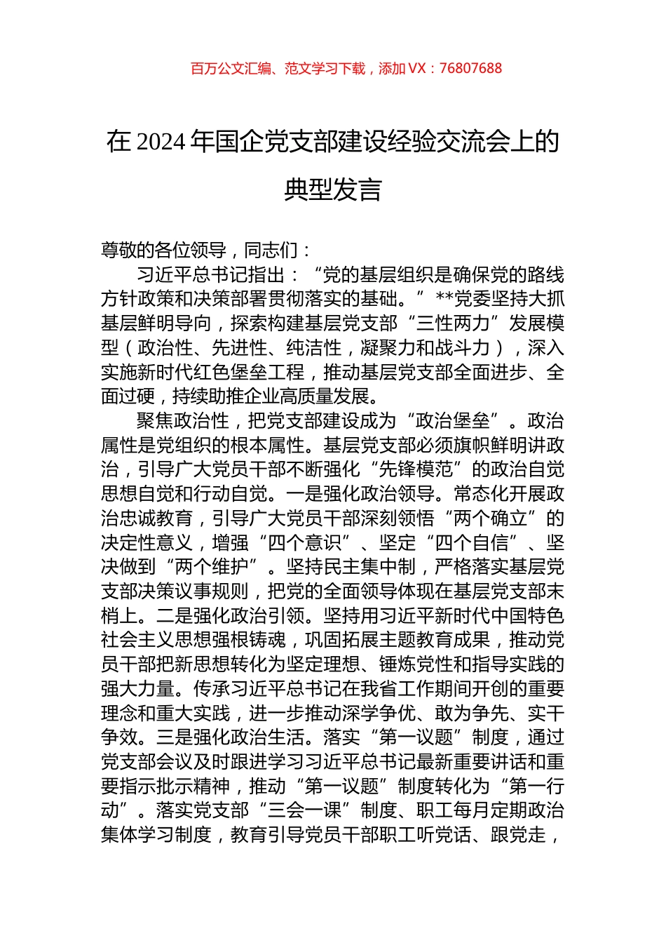 在2024年国企党支部建设经验交流会上的典型发言.docx_第1页
